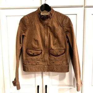LRL- Ralph Lauren Classic Tan Canvas with Leather Trim Moto Jacket. Size 8